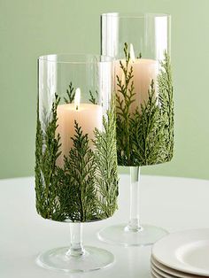 two candles are sitting in glass vases with greenery on the top and bottom