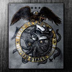 an emblem on the side of a metal plaque with an octopus and eagle above it