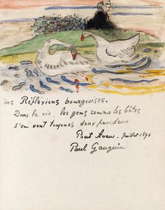 a drawing of two ducks in the water with a man standing on top of them