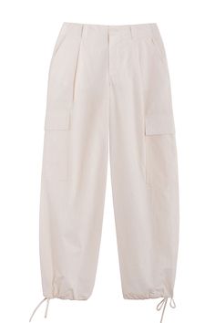 Loosely tailored cargo pant in a soft yet structured cotton. Straight leg with tie at ankle, cinch for a more tapered silhouette. Side pockets and oversized patch pockets above knee. Made in New York City. Fabric is 100% cotton. Ella is 6' tall, 35" bust, 26" waist, 36" hip, and is wearing a size S. Baggy Cotton Cargo Jeans For Workwear, Cotton Cargo Jeans With Flap Pockets For Work, Spring Cargo Pants With Pockets For Workwear, High-waisted Cotton Cargo Jeans For Work, Cotton Parachute Pants With Multiple Pockets For Work, Baggy Cargo Jeans For Work, Spring Workwear Cargo Pants With Patch Pockets, Cotton Cargo Pants With Pockets For Workwear, High-waisted Cotton Cargo Pants