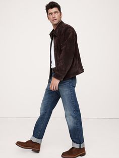 These sturdy straight-leg jeans are cut from artisanal selvedge denim in a 14oz.  weight, beloved for its rugged appeal and rich, dimensional washes that only improve with every wear.  Non-Stretch Straight Fit: Mid-rise.  Slim through the thigh, straight leg.  17" leg opening.  Denim from Italy's Candiani mill.  Button fly.  Belt loops.  Five-pocket styling.  *Inseam is 34" cuffed, 36" uncuffed.  *This style runs large.  Consider sizing down.  Straight Fit: Mid-rise.  Slim through the thigh.  St Older Mens Fashion, Selvedge Denim, Bottom Clothes, First Look, Straight Leg Jeans, Leg Jeans, Banana Republic, Mens Jeans, Mid Rise