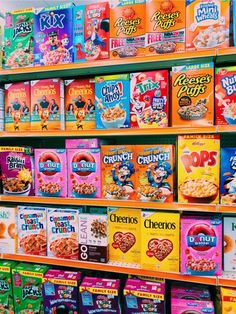 cereal is displayed on shelves in a store