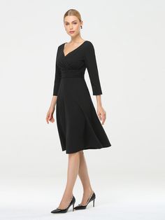 Fit: Please refer to Size Chart. Closure: It is Concealed a Zipper Up The Back. Undergarments: It is Not Padded, without Lining. Fabric: The garment comprises Polyester. Stretch: Fabric is Low Stretch. Black Fitted V-neck Dress For Formal Occasions, Fitted Black A-line V-neck Dress, Black Knee-length V-neck Office Dress, Casual Fitted V-neck Dress For Evening, Fitted Casual V-neck Dress For Evening, Classic Spring Party Midi Dress, Classic Black V-neck Dress, Elegant Black V-neck Dress For Spring, Black Knee-length V-neck Dress For Formal Occasions