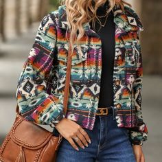 Aztec Pattern Jacket Medium Nwt Short Coats Women, Normal Body, Fleece Jacket Womens, Loose Fabric, Ethnic Print, Turndown Collar, Pocket Top, Look Vintage, Short Coat