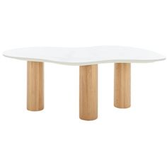 a white table with two wooden legs and a circular shape on the top, against a white background