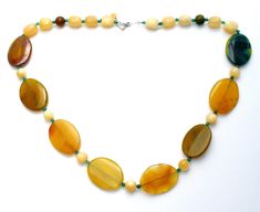 Statement Gemstone Jewelry - This is a substantial green & yellow agate and yellow quartz bead necklace. It is hallmarked 925, has sterling silver clasp and extension, chain, widest bead is 1.25" wide. It is 30" long, which includes the 2" extension, so it can be worn from 28" to 30" in length. Weight is 189 grams. Yellow Agate Jewelry With Natural Stones, Yellow Gemstone Beaded Necklaces For Gifts, Yellow Beaded Necklaces With Natural Stones As Gift, Yellow Beaded Necklaces With Natural Stones For Gifts, Yellow Gemstone Beaded Necklaces As Gift, Yellow Gemstone Beaded Necklace For Gifts, Yellow Agate Gemstone Jewelry, Yellow Gemstone Beaded Necklaces With Round Beads, Yellow Gemstone Round Beads Jewelry