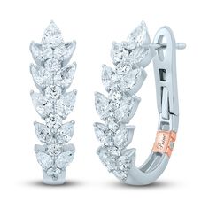 Brilliant round diamonds fill dynamic leaf-shapes along the fronts of these magnificent women's hoop earrings from world renowned designed Pnina Tornai. Fashioned in 14K white gold, the total diamond weight is 1-1/2 carats and the earrings secure in place with hinged backs. Pnina Tornai's 14K rose gold cuff completes the look. Exclusively available at Jared® the Galleria of Jewelry. Pnina Tornai, Jared The Galleria Of Jewelry, Gold Cuffs, Diamond Hoop Earrings, Pear Diamond, White Earrings, Leaf Shapes, Diamond Stone, Pearl Ring