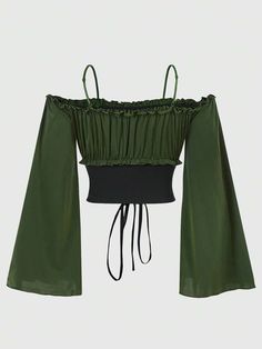 ROMWE Hippie Plus Size Women's Forest Fairy Open Shoulder Ruffle Bell Sleeve Top Plus Size Cottagecore Fashion Grunge, Fairy Shirt Diy, Fairy Like Outfits, Green Ruffle Sleeve Tops For Fall, Green Ruffled Tops For Winter, Green Ruffled Winter Tops, Winter Green Ruffled Tops, Green Fitted Top With Ruffle Sleeves, Modern Fairy Outfit