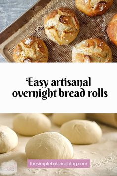 bread rolls on a baking sheet with text overlay reading easy artisan overnight bread rolls