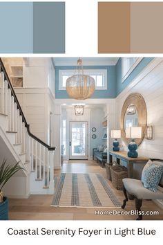 the interior of a house with blue and beige accents