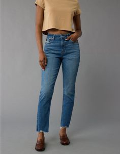 AE Strigid Mom Jean Women's Denim Jeans, Jeans Without Holes, Jeans With No Holes, Medium Wash Mom Fit Tapered Leg Pants, Classic Mom Fit Tapered Leg Bottoms, Classic Mom Fit Bottoms With Tapered Leg, Mom Jeans And Boots Outfit, Classic Mom Fit Tapered Leg Pants, Classic Mom Fit Pants With Tapered Leg