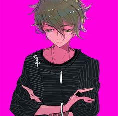 an anime character with short hair wearing a black and white striped shirt, standing in front of a pink background