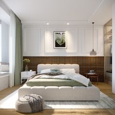 a large white bed sitting in a bedroom next to a window