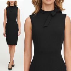 Calvin Klein Petite Bow-Neck Sheath Dress Black Size 12p 12 Petite New With Tag. Great Little Black Dress For Any Occasion A Petite Sheath Dress With Pure Elegance, This Sleeveless Style From Calvin Klein Features A Dramatic Bow At The Neckline. Lined Mock Neck; Sheath Silhouette Exposed Back Zipper Closure Scuba Crepe: Stretchy And Supportive Bow At Side Neck Dry Clean Polyester/Spandex; Calvin Klein Tie Neck Dress, Dressy Sheath Mini Dress For Work, Black Bodycon Dress For Office Wear, Black Sheath Office Dresses, Black Sheath Dresses For Office, Elegant Mini Career Dresses, Elegant Calvin Klein Midi Dress For Office, Calvin Klein Chic Midi Dress For Work, Elegant Calvin Klein Dress For Office