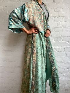 "This is light patchwork silky, kimono style robe, maxi long with front tie closing, made free size easy to wear fits all shapes and sizes can be used around the house at the beach or as a urban style robe with jeans and tshirt free size length 55\" Thank You for looking" Silk Shirt Men, Urban Boho, Bohemia Dress, Silky Robe, Boho Hippie Dress, Party Blouse, Saree Silk, Hippie Tops, Kimono Sleeves