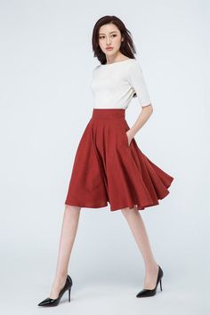 "This Skater skirt is a Red full circle skirt, the linen skirt has a high waisted. The midi skirt open by Invisible zipper on center back. A Nice 50's style skirt with side pockets, made with super linen , featuring high waist design, This red skater skirt will give you a nice looking for work or casual days DETAIL * 50% linen, 50% cotton * No lining * Seam pocket * Back zipper closure * Knee Length * Circle skirt, skater skirt * Perfect for summer, spring * Wash by hand or machine with cold wat Red Gathered Skirt For Spring, Red Cotton Flared Skirt Bottoms, Red Pleated A-line Maxi Skirt, Red Cotton Long Skirt, Red Flared Skirt For Spring Season, Red Flared Skirt For Spring, Red Knee-length Skirt For Spring, Red Cotton Lined Maxi Skirt, Red Cotton Pleated Mini Skirt