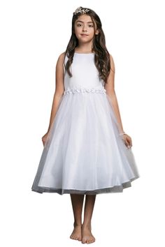 First Communion Dress - Petite Adele Little Girls White Flower Waistline Satin Dress 2-6 - SophiasStyle.com Spring A-line Dress For Confirmation, Spring Satin Dress For Dress-up Occasions, Spring First Communion Dress With Bow, Fitted Dress With Bow For Confirmation, White Dresses With Satin Bow For Spring, White Spring Dresses With Satin Bow, White Satin Bow Dress For Spring, White Spring Dress With Satin Bow, Elegant Bow Dress For Confirmation