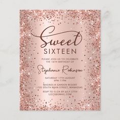 pink and gold glitter sweet sixteen birthday party card