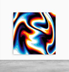 an abstract painting in black, white, and blue with orange swirls on it