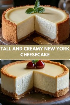 two different views of a cheesecake on a table