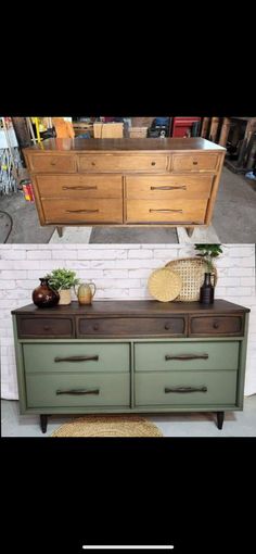 an old dresser has been painted green and is next to a new dresser with drawers