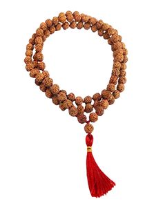 This simple hand-crafted mala featuring a deep red tassel, is made of 108 knotted Rudraksha seed beads and is perfect for your everyday ritual and mediation. Legend has it that the first Rudraksha seeds were created from tears of Lord Shiva as they fell on the earth and formed into a tree. Rudraksha seeds have wonderful spiritual and medicinal properties and, you can feel their power as you count through the beads one by one to recite your chosen mantra or intention. The number 108 holds spiritu Adjustable Red Mala As A Gift, Traditional Hand Knotted Necklaces For Festivals, Adjustable Mala With 108 Beads For Rituals, Holistic Hand Knotted Jewelry For Rituals, Hand-strung Red Mala As A Gift, Bohemian Adjustable Mala For Puja, Adjustable Red Mala As Gift, Adjustable Red Mala For Gift, Spiritual Hand Knotted Mala As Gift