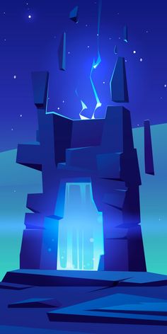 an abstract blue background with rocks and stars in the sky at night, illustration painting