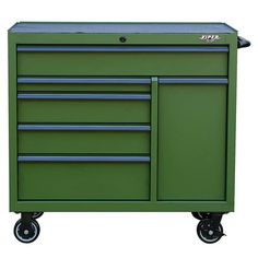 a green tool cabinet with wheels and drawers