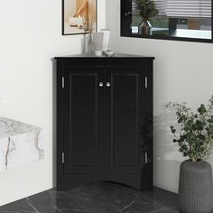 a black cabinet sitting next to a plant in a white room with marble flooring