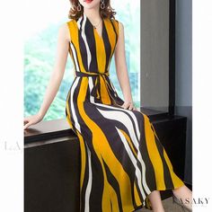 Lasaky - Striped Sleeveless Maxi Dress with Flared Hem - Essential Fashion Statement Yellow Long Dress, Terry Cloth Dress, Essential Fashion, Dress Stylish, Long Red Dress, Long Skirts For Women, Dress Stores Online, V Neck Midi Dress, Floor Length Gown