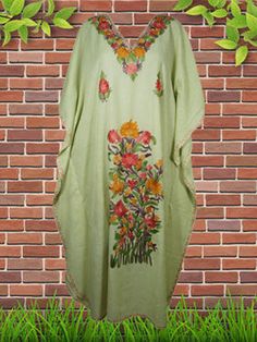 Womens Maxi Kaftan Dresses, Green Embroidered Dress L-2XL Kaftans make great gifts and are super cute for a destination beach wedding or as a boho dress for the rehearsal dinner.These feminine, flowy, beautiful, long, colorful maxi dresses are wonderful coverups or day dresses. One size that fits all, caftans are great as hostess dresses, resort wear. Kashmiri Crewel traditional hand embroideredCotton Fabric Relaxed fit, multiple uses.Measurement : Length : 54" chest : 54 inch, One size fits L/X Green Embroidered Dress, Kashmiri Embroidery, Ladies Caftan, Destination Beach Wedding, Embroidered Caftan, Embroidered Kaftan, Beach Caftan, Kaftan Dresses, Hostess Dresses