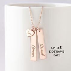 "This beautiful grandma necklace is engraved with your children's names on each charm. It's a perfect gift for your loved one with up to 5 personalized charms. PRODUCT INFO * Material: Solid 925 Sterling Silver * Dimensions: Bar charm measures ~ 1 1/4\" x 1/4\" (32 x 6.5mm). Heart charm measures ~3/8\"x5/16\" (9.5 x 8.2mm) * Word limits: 1 name/charm * By default, silver charm comes with BLACK engraving and gold-plated charm comes with CLEAR engraving HOW TO ORDER * Select your preferred finishi Personalized Rose Gold Name Necklace, Personalized Rose Gold Necklaces For Mother's Day, Personalized Rose Gold Necklace For Mother's Day, Customizable Rose Gold Charm Necklace For Gift, Customizable Rose Gold Charm Necklace As Gift, Personalized Birthstone Name Necklace For Mother's Day, Mother's Day Nameplate Birthstone Necklace, Nameplate Necklace For Father's Day, Sterling Silver Name Necklace For Birthday And Mother's Day