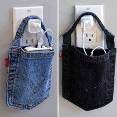 an iphone charger is attached to a denim bag