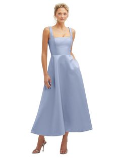 Square Neck Satin Midi Dress with Full Skirt & Pockets Formal Midi Dress With Straight Neckline And Lined Bodice, Elegant Square Neck Midi Dress For Gala, Elegant Square Neck Maxi Dress In Solid Color, Elegant Maxi Dress With Square Neck, Elegant Solid Color Maxi Dress With Square Neck, Elegant Solid Color Square Neck Maxi Dress, Gala Maxi Dress With Fitted Bodice And Square Neck, Wedding Guest Midi Dress With Pleated Bodice, Chic Fitted Tea Length Dress For Wedding Guest