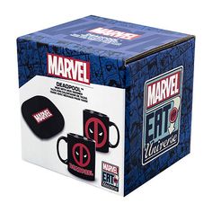 two mugs and a hat in a box with the logo for marvel on it