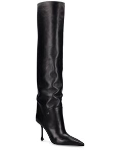 95mm Heel. Leather upper. Pull on. Pointed toe. Leather lining and insole. Leather sole Jimmy Choo Boots, Leather Knee High Boots, Spool Heel, Black Boots Tall, Knee High Leather Boots, Heeled Loafers, Black Leather Boots, Tall Boots, Brown Boots