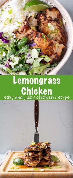 the ingredients for lemongrass chicken and rice are shown in this collage with text overlay