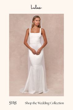 a woman in a white wedding dress with the words shop the wedding collection on it