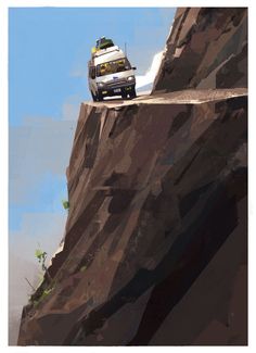 a car is driving down a steep mountain road in front of another vehicle on the side of a cliff