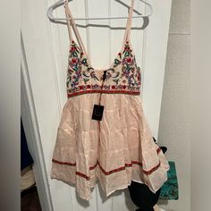 Nwt Amazing Embroidered Mini Dress With Slip And Adjustable Straps. Stunning!! Summer Feminine Embroidered Mini Dress, Feminine Embroidered Mini Dress For Summer, Embroidered Mini Dress For Vacation, Pink Cotton Embroidered Dress For Spring, Multicolor Embroidered Mini Dress For Spring, Embroidered Summer Dress For Day Out, Pink Sleeveless Mini Dress With Floral Embroidery, Summer Floral Print Mini Embroidered Dress, Pink Sleeveless Floral Embroidered Mini Dress