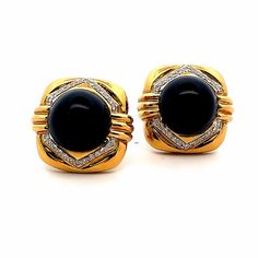 Gorgeous Ivan & Co Vintage 18K Yellow Gold Onyx Diamond 0.70ct Clip On Earrings A perfect gift for your loved one for any occasion or holiday!  Total Diamond: 0.70ct Total Earrings Weight: 40.34g Clip On Length: 27.95mm Clip On Width: 29.87mm Gemstone: Diamond and Onyx  Item will be placed in a gift box. * Luxury Diamond Gemstone Earrings For Formal Occasions, Luxury Diamond Earrings With Gemstones For Formal Occasions, Elegant Formal Clip-on Diamond Earrings, Luxury Hallmarked Diamond Earrings For Formal Occasions, Black Diamond Accent Earrings For Anniversary, Luxury Black Gemstone Earrings, Luxury White Gold Clip-on Earrings For Formal Occasions, Classic Polished Diamond Earrings For Evening, Luxury Polished Diamond Earrings For Anniversary