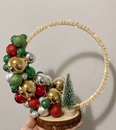 a person holding a basket with ornaments in it and a christmas tree on the top