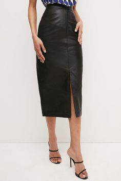 Made From Luxurious - And Responsibly Sourced - Leather, This Versatile Midi Skirt Makes A Directional Alternative To Your Favorite Denim Style. The Demure Pencil Silhouette Is Instantly Modernised By Seamed Detailing And A Central Hem Split - Just Add A Chunky Belt And Strappy Heels To Elevate The Piece For After Dark.This Garment Is Ready For The Future. It Is Made With Responsibly Sourced Leather From Tanneries Working To Reduce Their Environmental Impact. Chunky Belt, Pencil Midi Skirt, Skirt Collection, Pencil Silhouette, Midi Skirt Pencil, Denim Style, Black Midi Skirt, Karen Millen, Environmental Impact