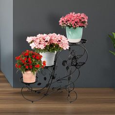 three potted flowers are sitting on a wrought iron plant stand in front of a gray wall