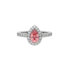 This Fancy Pink Pear Diamond Halo Engagement Ring is made with a fancy pink pear solitaire diamond set in a four-prong setting, surrounded by a halo of round diamonds all set on a pave band with round cut diamonds.Details: - Made to Order- Focal Diamond Weight: 1.00 CT, 1.25 CT, 1.50 CT, 1.75 CT, 2.00 CT, 2.50 CT, 3.00 CT- Accent Diamond Weight: 0.47 CT - 0.60 CT (Carat weight varies based on chosen Focal Diamond) - Diamond Type: Lab Grown Diamond (CVD, HPHT)- Focal Diamond Cut: Pear- Accent Dia Pear-shaped Pink Diamond Jewelry, Pink Teardrop Jewelry With Center Stone, Pink Teardrop Jewelry With Halo Setting, Pink Teardrop Fine Jewelry Ring, Pink Halo Ring In Fine Jewelry Style, Pink Halo Ring Fine Jewelry, Elegant Pink Teardrop Ring, Pink Pear-shaped Diamond Promise Ring, Pink Teardrop Halo Setting Ring