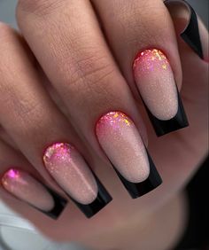 French Nails With Pink, Nails With Pink, Nails After Acrylics, Glitter French Nails, Black French Nails, Pink Tip Nails, Elegant Touch Nails, Confetti Nails, Diy Acrylic Nails