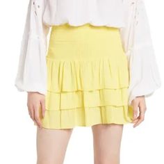 Nwt Ramy Brook Yellow Skirt Size Medium Flowy Short Skirt For Spring, Spring Pleated Mini Skirt For Brunch, Ruffled Short Skirt For Brunch, Chic Tiered Mini Skirt For Brunch, Flowy Tiered Skort For Brunch, Spring Brunch Mini Skirt With Lining, Elegant Spring Mini Skirt For Vacation, Elegant Yellow Mini Skirt For Spring, Spring Brunch Ruffled Mini Skirt