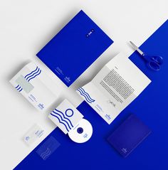 various stationery items displayed on blue and white surface with logo, name and business card