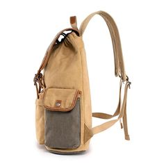 The Mountain Wood Backpack is perfect for an adventure-packed day or school day. Handcrafted using durable cotton canvas, genuine leather accents and nickle-free hardware..Material- vegetable base dyes, interior cotton lining, cotton canvas, genuine leather accents, hardware- alloy, or solid brass, copper.Small sized bag, 12' W x 18' H x 5' D.Handle drop- 3', strap drop- 24'.Drawstring closure.Interior- 1 padded laptop compartment with secure strap, 1 zipper pocket, 2 slip pockets, 2 pen or pencil slots.Exterior- 1 zipper pocket, 2 snap button pockets with flap, silver-tone.Weight- 1lb.Laptop compatible (std. size 13'-15').Clean your bag thoroughly before storing it, use a damp cloth for the exterior and brush out any dirt that has accumulated in the interior.Once your handbag is cleaned, Outdoor Canvas Backpack With Adjustable Strap, Khaki Leather Backpack For Outdoor Activities, Casual Waxed Canvas Bag With Leather Patch, Beige Standard Backpack For Outdoor, Casual Beige Backpack For Outdoor Activities, Travel Backpack In Waxed Canvas With Adjustable Strap, Travel Backpack With Adjustable Strap In Waxed Canvas, Khaki Backpack With Canvas Lining, Canvas Backpack For Outdoor Activities With Pockets