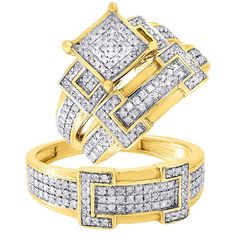 two gold rings with white diamonds on each one and an open band in the middle